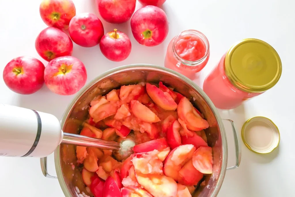 Omenasose soseutuu kattilassa sauvasekoittimella.