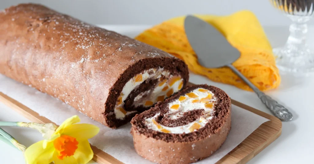 Persikkakääretorttu, josta on leikattu yksi pala.