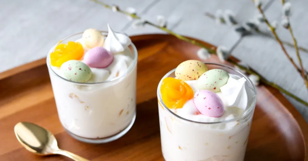 Persikkarahka laseissa pääsiäismakeisilla koristeltuna.