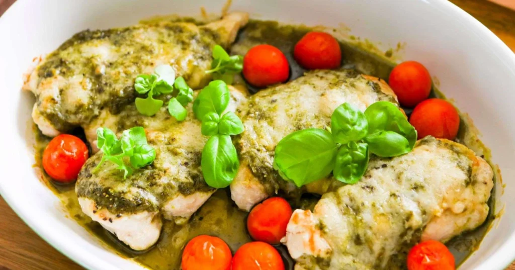 Pestokana ja kirsikkatomaatteja paistamisen jälkeen.