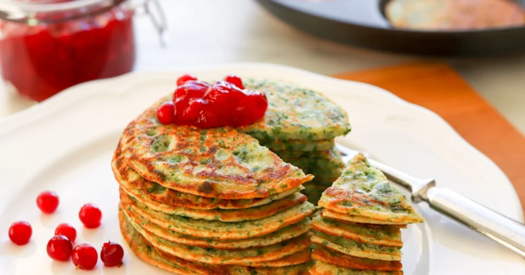 Gluteenittomat pinaattiletut pinossa puolukkahillon kanssa.