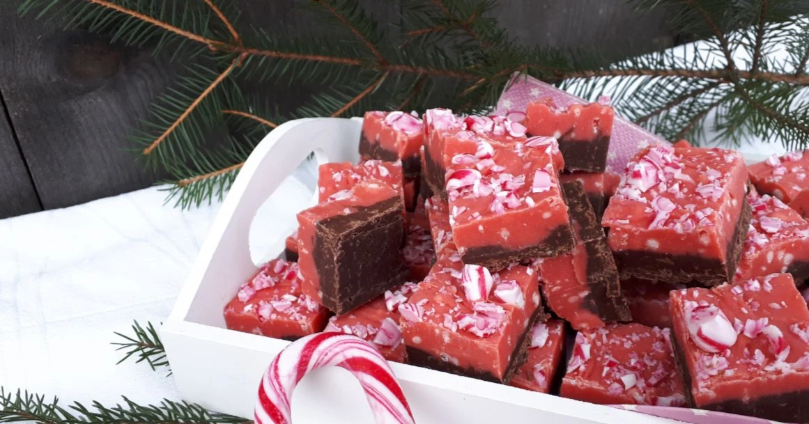 Polka-fudge palasiksi leikattuna.