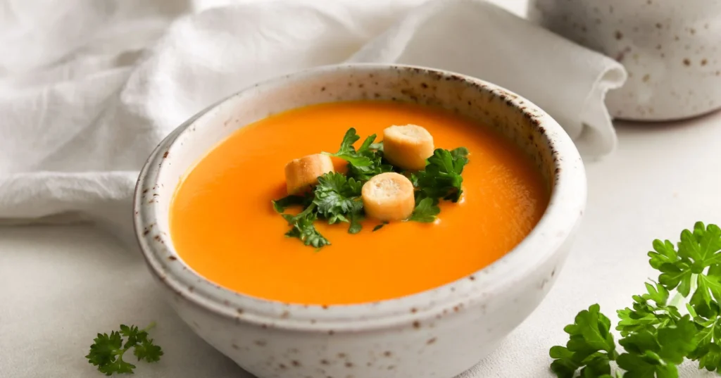 Porkkanakeitto vaaleassa savikulhossa persiljalla koristeltuna.