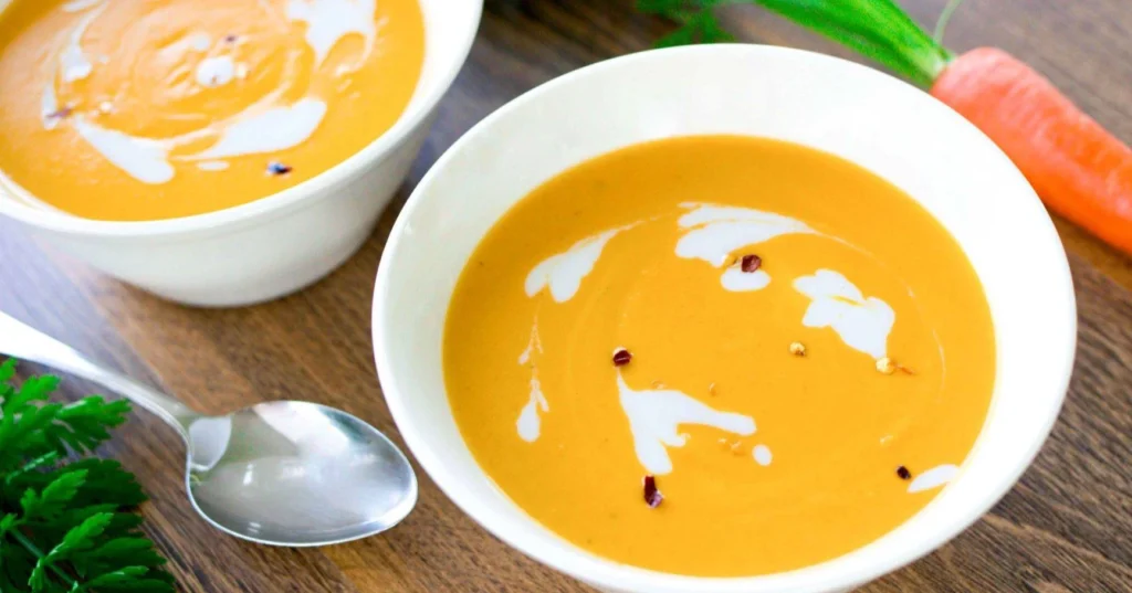 Porkkanakookoskeitto valkoisissa kulhoissa.