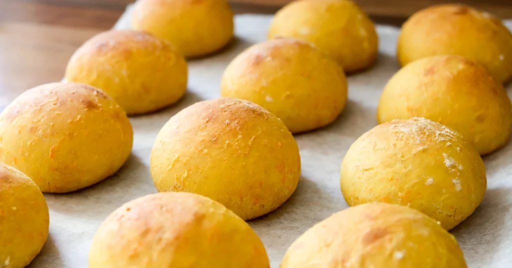 Porkkanasämpylöitä vierekkäin leivinpaperin päällä.