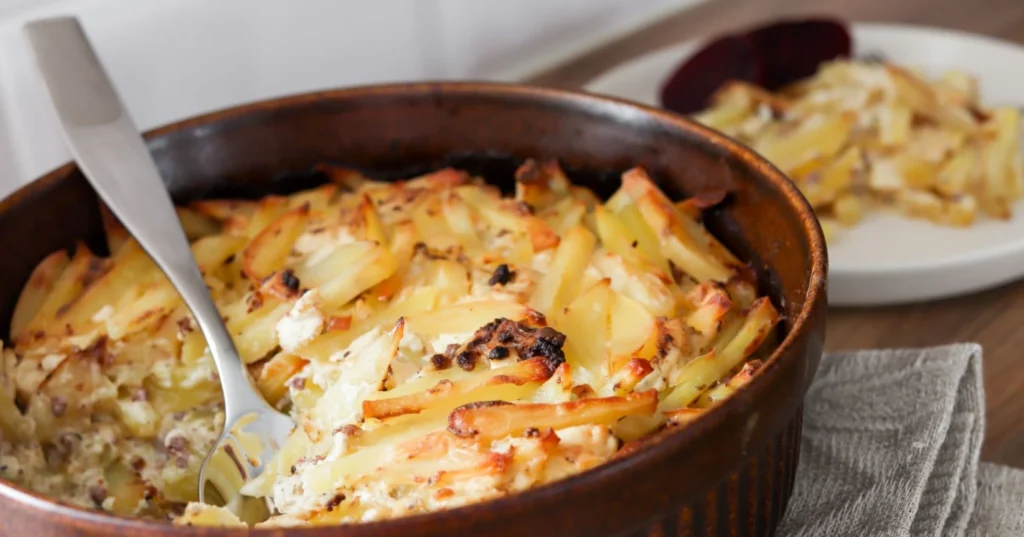 Porokiusaus paistamisen jälkeen ruskeassa uunivuoassa.