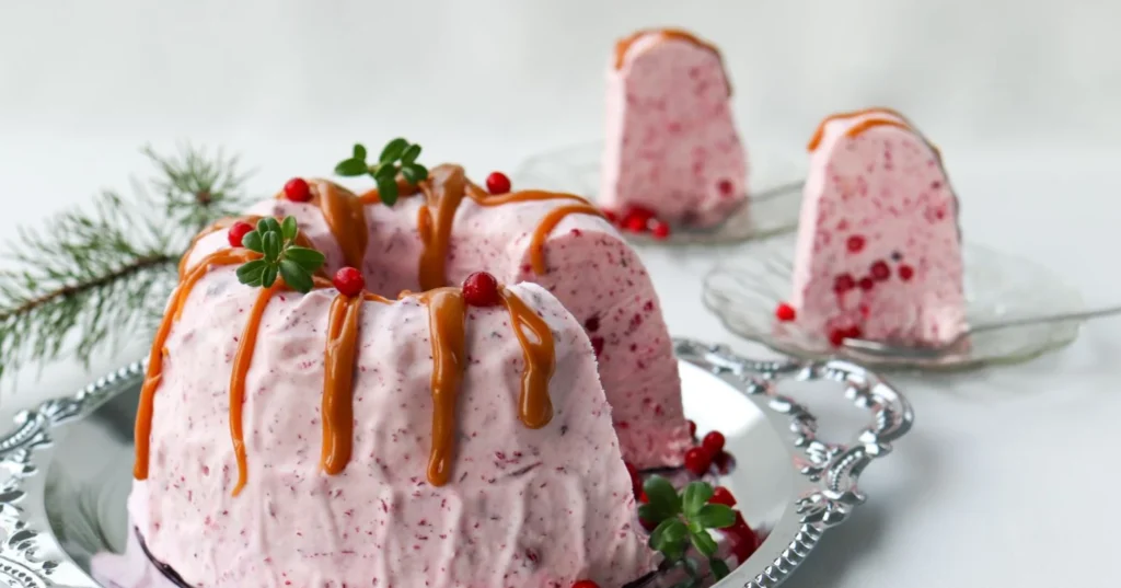 Puolukkajäädykettä kinuskikastikkeella koristeltuna.