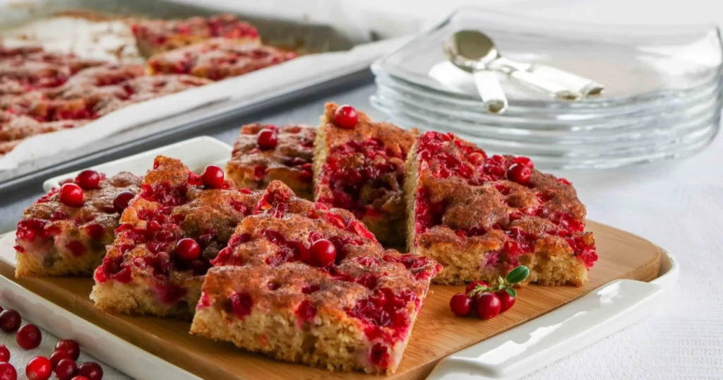 Mehevä puolukkapiirakka paloiksi leikattuna.