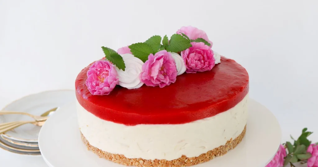 Ruusuilla koristeltu mansikka-raparperijuustokakku tarjoilulautasella.