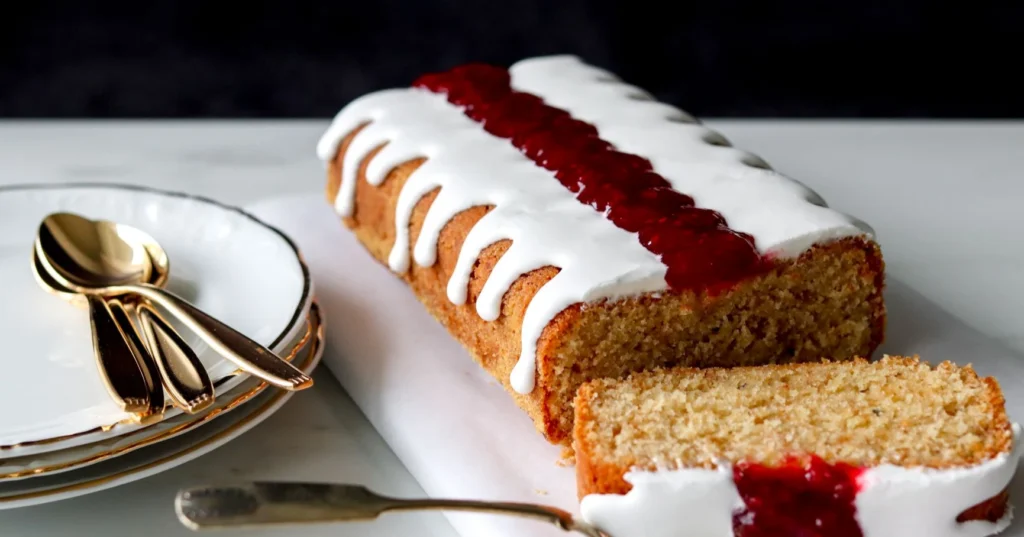 Suorakaiteen muotoinen Runebergin kakku josta on leikattu pala.