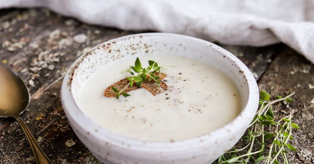 Savuporokeitto ruislastuilla ja timjamilla koristeltuna.