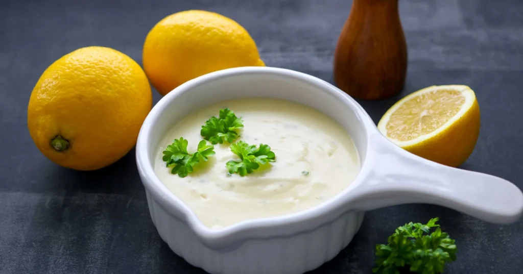 Sitruunakastike kaatonokalla varustetussa kulhossa.