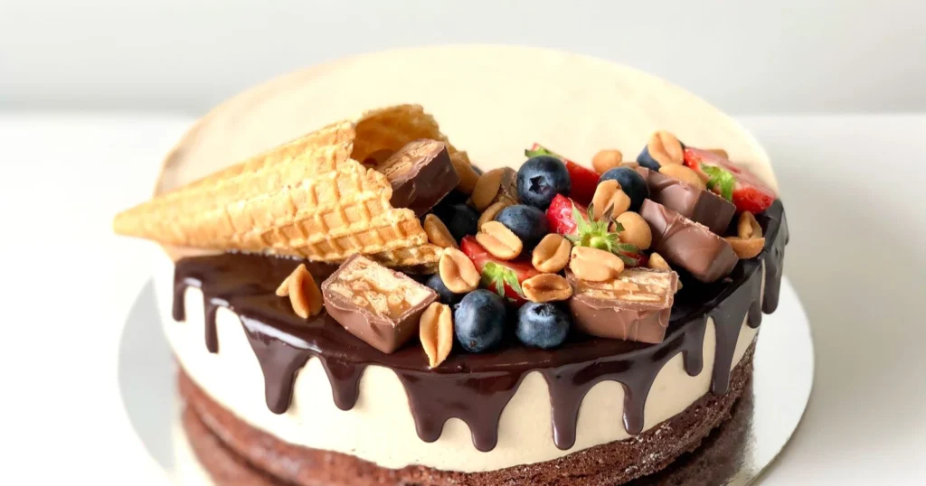 Snickers-kakku, jonka päällä on upeat koristeet.