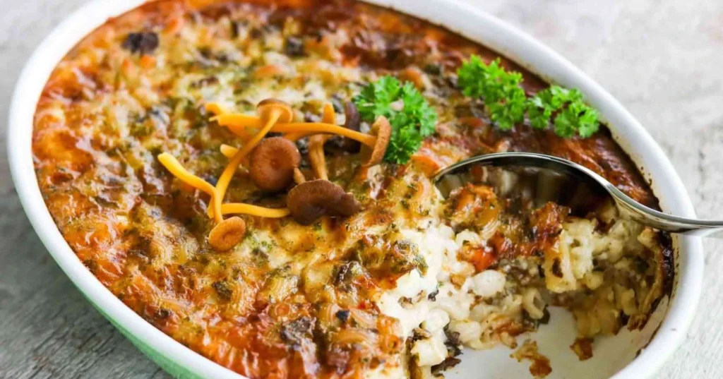 Sienistä tehty makaronilaatikko suppilovahveroilla koristeltuna.