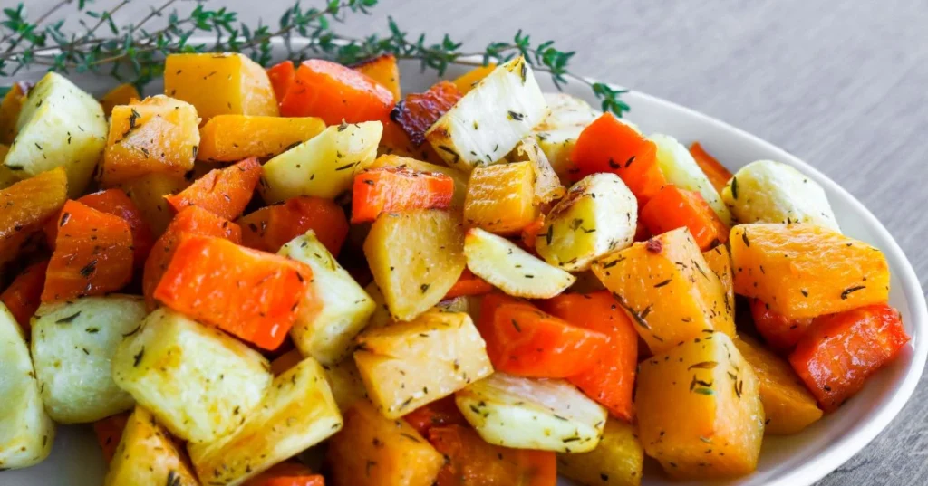 Uunijuurekset tarjoiluvadilla uunissa paistamisen jälkeen.