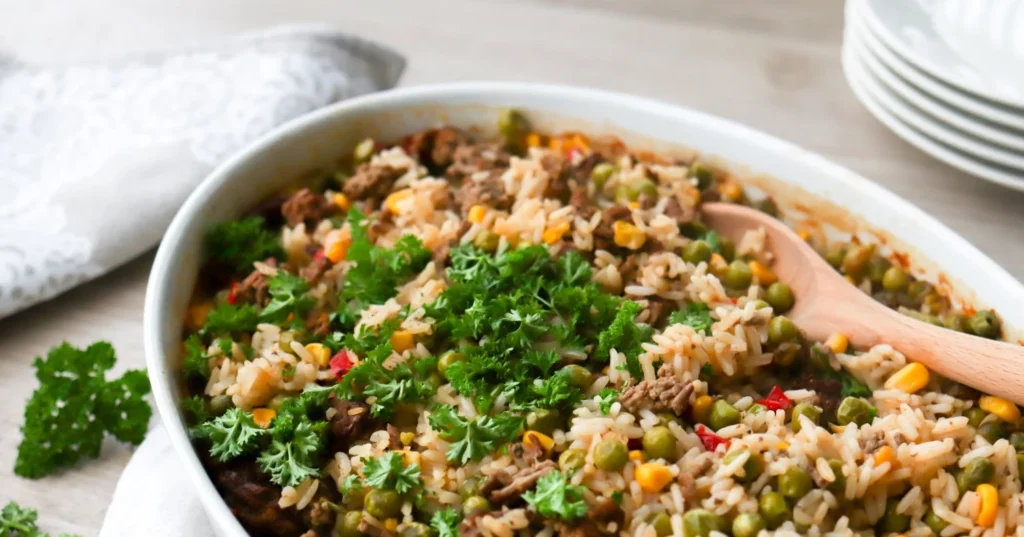 Uunirisotto, jonka päällä on tuoretta persiljaa.