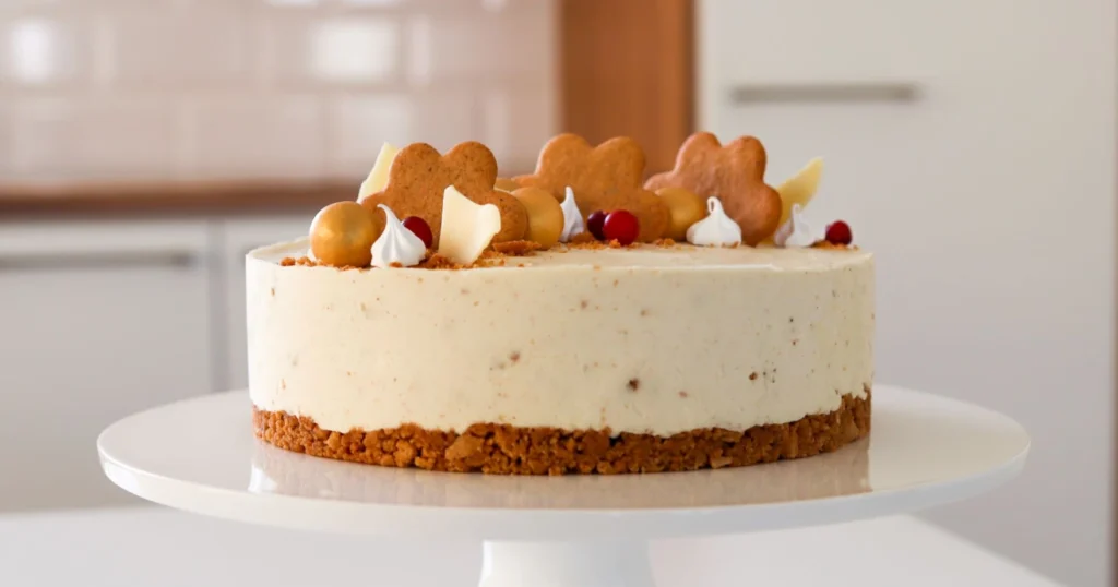 Piparijuustokakku valkoisella tarjoiluastialla.