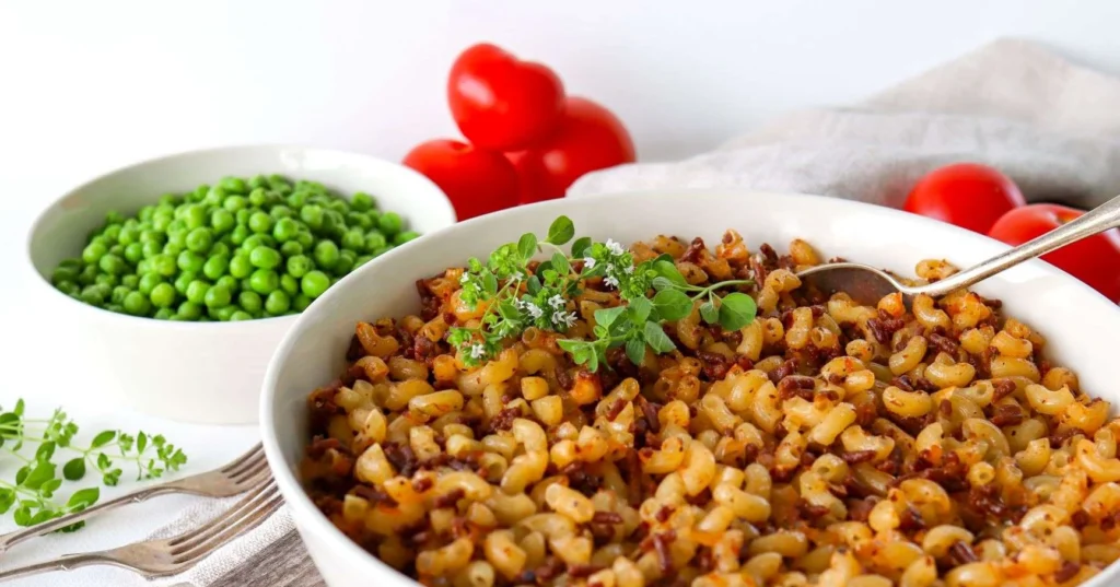 Vegaaninen makaronilaatikko ja tuoretta oreganoa.