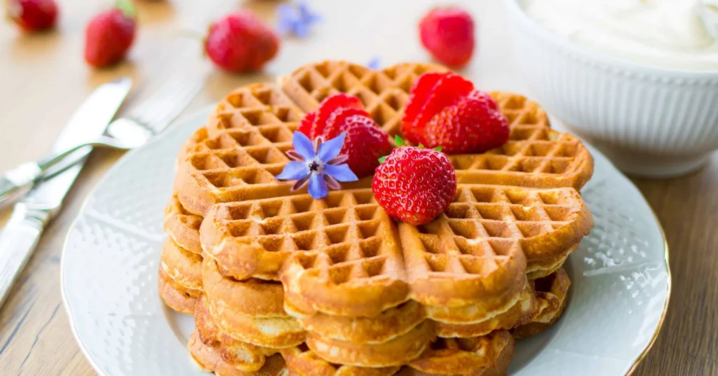 Vohvelit pinossa valkoisella lautasella tuoreiden marjojen kera.